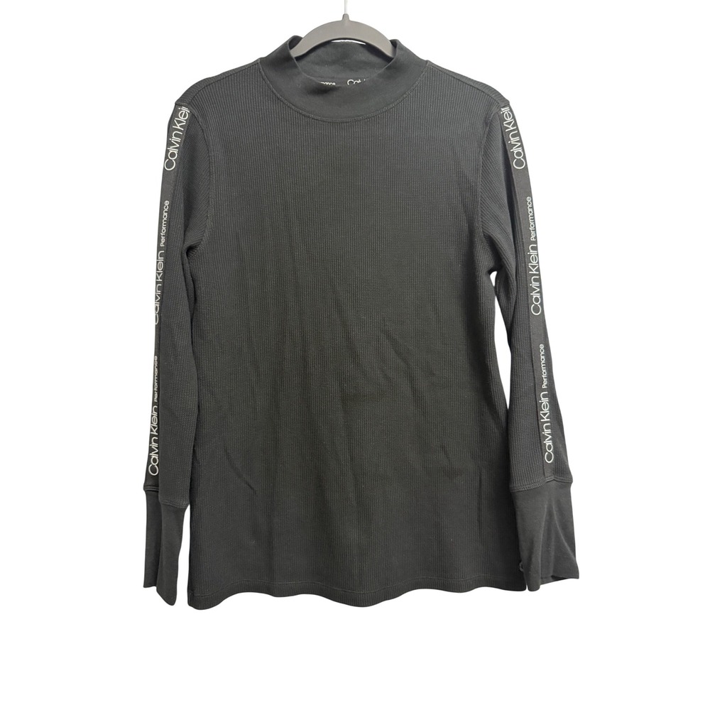 Calvin Klein Performance Black Waffle Knit Mock Neck Logo Tape Top XL PF9T3368